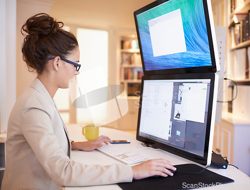 Image of Computer, glasses and woman in office for cybersecurity, analytics or research. Pc, monitor and female security analyst online with app development, planning or metaverse, code or communication