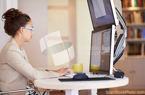 Image of Computer, smart glasses and woman in office for cybersecurity, analytics or research. Pc, monitor and female security analyst online with app development, planning or metaverse, code or communication