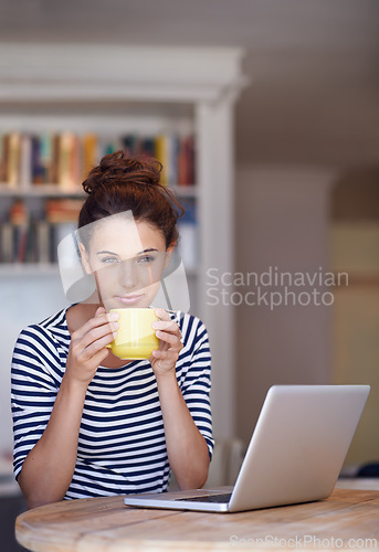 Image of Thinking, coffee and woman in home office with laptop, idea and online job for business networking. Freelance, remote work and girl at table with computer for communication, reflection and relax.