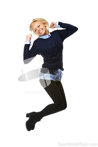 Image of Happy, excited woman and jump in studio for lottery, announcement or bonus on white background. Energy, success and female model with celebration for competition prize, giveaway or poker jackpot