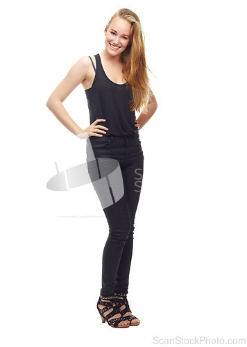 Image of Happy woman, portrait and fashion with hair in studio, simple black outfit and casual style with shine isolated on white background. Model with smile, haircare and confident pose in designer clothes