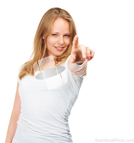 Image of Smile, portrait and woman with hand pointing at you in studio for news, deal or info on white background. Face, happy or female model show prize, vote or competition giveaway, promotion or offer