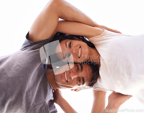 Image of Portrait, embrace and couple with sky from below for outdoor travel adventure, summer holiday and love. Vacation, happy woman and man hug in nature on romantic date together with smile in Bali.