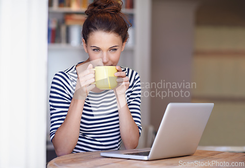 Image of Relax, coffee and woman in home office with laptop, thinking and website research for business networking. Freelance, remote work and girl at table on computer for communication, email and online job