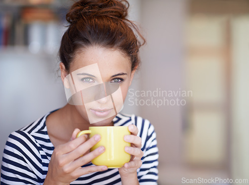 Image of Woman, portrait and drinking coffee for relaxation, home and confidence for weekend and wellness. Female person, cup and tea while on break with latte, cappuccino and mug while ready to sip and chill