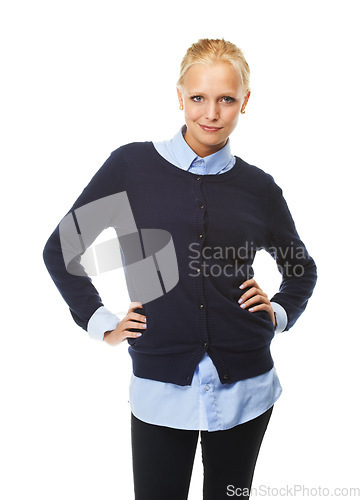 Image of Fashion, portrait and woman in studio with quirky confidence, style or playful attitude on white background. Face, smile and female model with smart casual clothes, posing or cool outfit choice