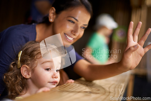 Image of Smile, mother and child at zoo for bonding, love and weekend fun looking at animals from stable. Mom, daughter and family at farm, nature park and cute for outing and holiday getaway with little girl