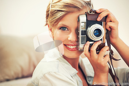Image of Portrait, woman and camera lens for retro, fashion and casual outfit for weekend getaway in Germany. Smile, female person and analog shutter for fashionable, clothing and photography on vacation
