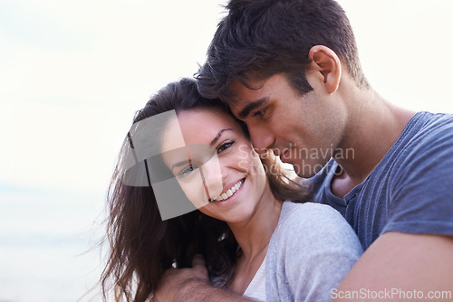 Image of Couple, hug and outdoor with love on holiday or travel together on vacation in summer. Romantic, date and man with gratitude for woman and smile with kindness, care and support for partner in embrace