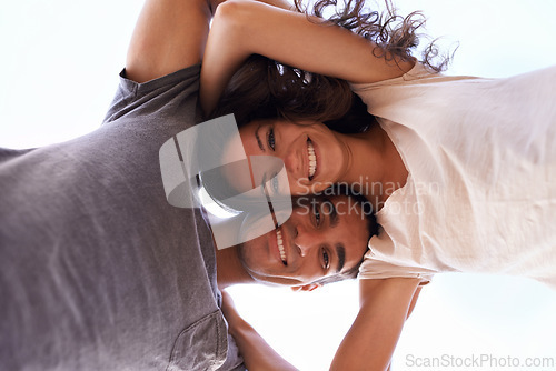 Image of Portrait , love and couple with sky from below for outdoor travel adventure, summer holiday and embrace. Vacation, happy woman and man hug in nature on romantic date together with smile in Bali.