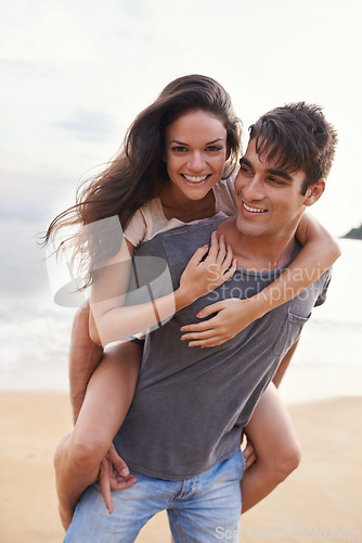 Image of Couple, sea and piggyback with fun, smile and nature with travel and date for relationship. Man, woman and indonesia beach for adventure, vacation and tropical holiday with sunshine and portrait