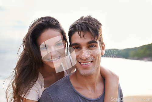 Image of Couple, beach and piggyback with ocean, smile and nature with travel and date for relationship. Man, woman and indonesia sea for adventure, vacation and tropical holiday with sunshine and portrait