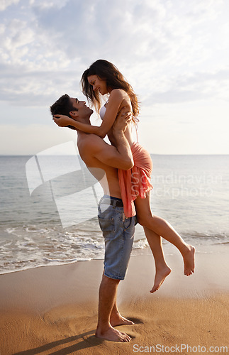 Image of Love, waves and couple playing on beach for travel adventure, summer island holiday and relax. Ocean vacation, woman and man in nature on romantic date together with smile, embrace and sea in Bali.