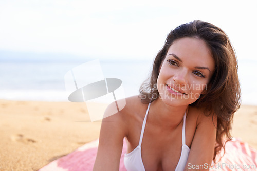 Image of Relax, portrait or happy woman at ocean for travel adventure or peace on holiday vacation in Bali. Tourist, picnic or female person on sand with bikini or smile in nature for fresh air, beach or sea