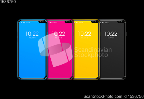 Image of CMYK smartphone set isolated on black Background. 3D render