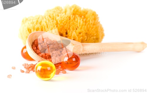 Image of natural sponge, bath salt and oil balls