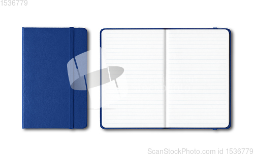 Image of Marine blue closed and open lined notebooks isolated on white