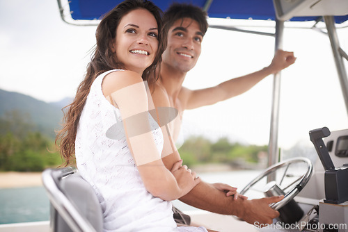 Image of Couple, boat and driving or travel holiday or explore sea on vacation adventure in Hawaii, view or steering wheel. Man, woman and happy in paradise or outdoor journey on coast, transportation or trip