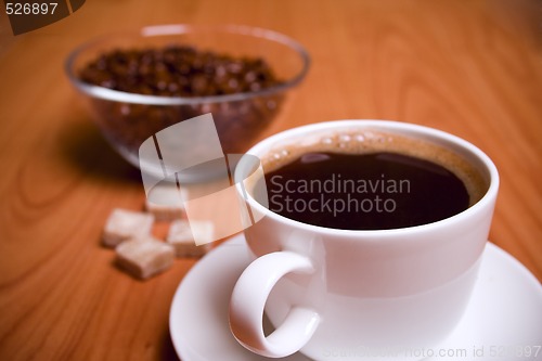 Image of cup of coffee, sugar and beans