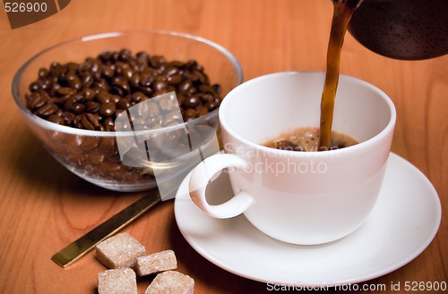 Image of cup of coffee, sugar and beans