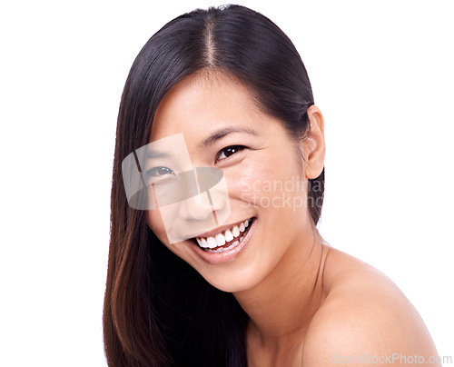 Image of Woman, portrait and smile for haircare in studio, beauty and pride for keratin results or hair treatment. Asian female person, happy and shampoo for cosmetic on white background, dermatology and care