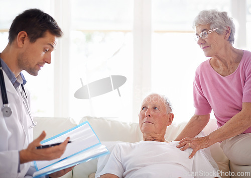 Image of Healthcare, doctor and senior patient in assisted living for health assessment, advice or wellness. Male physician, conversation and elderly couple for medical treatment, discussion and diagnosis.
