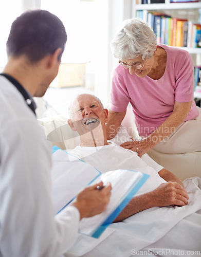 Image of Healthcare, doctor and senior patient in bed of nursing home for health results, wellness or checkup. Medical professional, consultation and elderly couple for positive news, support and advice.