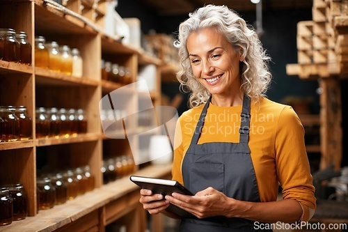 Image of Confident Female Artisan with Digital Tablet in Workshop