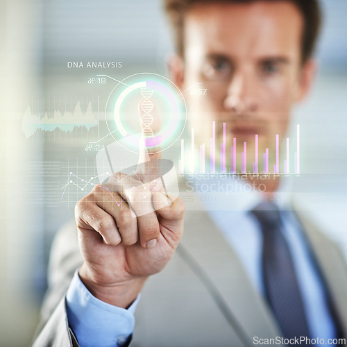 Image of DNA hologram, touch or hands of businessman or user for interface, connection or digital research. Health, touchscreen or closeup of entrepreneur with finger to press on virtual system or innovation