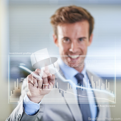 Image of Charts hologram, portrait or businessman in the stock market for finance analysis, trading database. Economy research, touchscreen or financial trader reading investment statistics, profit analytics