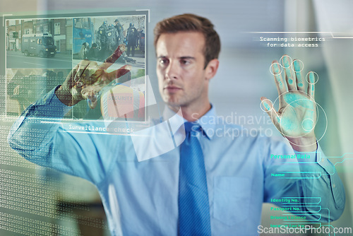 Image of Hands, surveillance or businessman with biometrics scan, hologram or overlay for safety or security. 3d, police database or manager on touchscreen for futuristic protection or graphic investigation