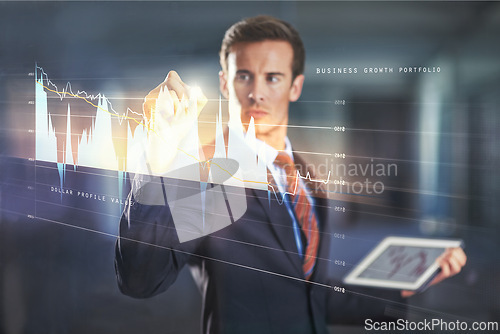 Image of Businessman, data and writing on digital interface with statistics or analysis for stock market. Tablet, tech and professional trader on graph on touchscreen, finance or investment on double exposure