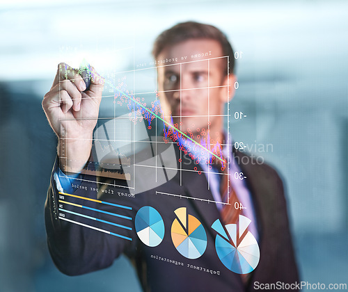 Image of Dashboard, graph and businessman digital with economy with technology for future of data analyst. Male person, serious and working in company for corporate as employee or staff for problem solving