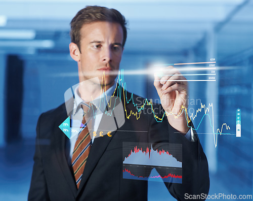 Image of 3D, hologram and businessman writing on graphs for software technology with information. Futuristic, career and professional male finance analyst planning investment statistics with chart display.