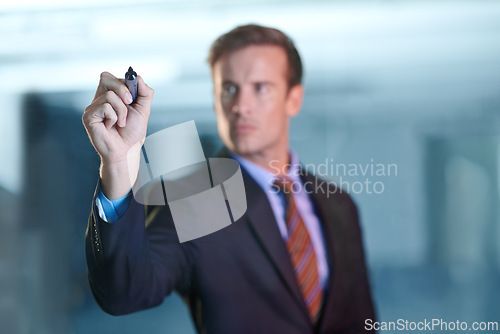 Image of Businessman, glass wall and writing for corporate brainstorming as wealth manager or finance growth, loan or budget. Male person, marker and problem solving in office or solution, development or pen