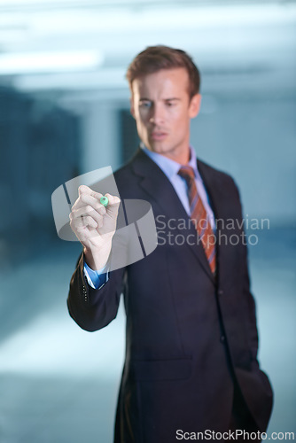 Image of Businessman, glass wall and writing or brainstorming project as financial advisor investment, loan or budget. Male person, marker and problem solving in office or planning, development or research