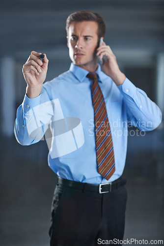 Image of Businessman, planning and writing on glass with pen for notes of phone call, ideas or strategy for future. Virtual, communication and man problem solving on window or screen in workplace with contact