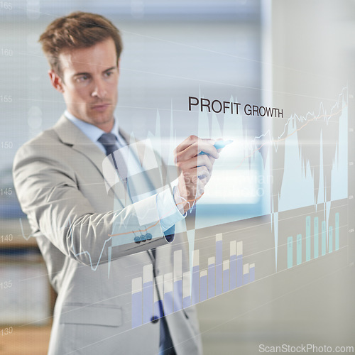 Image of Businessman, analysis and writing on digital interface with statistics or graph for stock market growth. Pen, tech and professional trader on chart by screen, finance or investment on double exposure