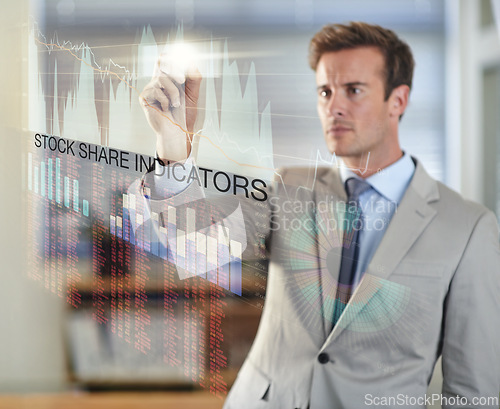 Image of Business man, chart and writing on screen with statistics, plan or stock market for growth. Interface, technology and professional trader on graphs for finance, data or investment on double exposure