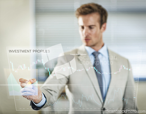 Image of Businessman, chart and hand writing on screen with statistics or stock market. Interface, technology and professional trader with pen on graphs for finance, data and investment on double exposure