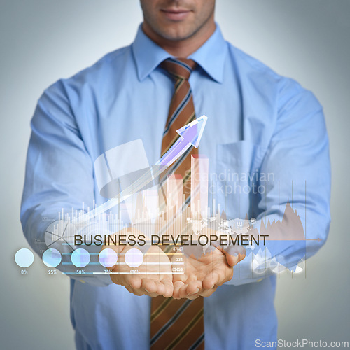Image of Professional, hands and show data for statistics, analysis or growth of business development. Chart, graph or trader with presentation, finance or invest in studio isolated on grey background overlay