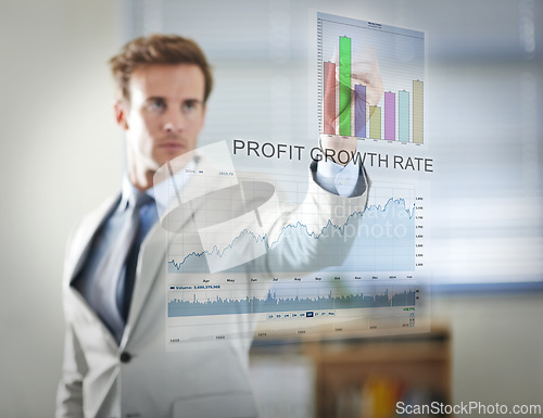 Image of Businessman, stock market and hand writing on screen with statistics, data or analysis. Interface, technology and serious professional trader on graphs for financial investment on overlay in office