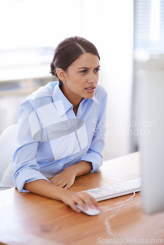 Image of Woman, computer and confused for online research project or client investment as financial advisor, planning or internet. Female person, connection and problem solving in London, brainstorming or web