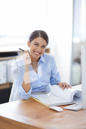 Image of Businesswoman, portrait and notebook at desk or financial advisor for planning investment, accounting or budget. Female person, face and economy loan for business growth in London, review or startup