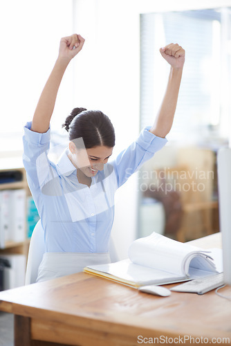 Image of Happy, business woman and fist pump with documents for winning, achievement or good news at office. Excited female person or employee with smile and paperwork in satisfaction for success or promotion