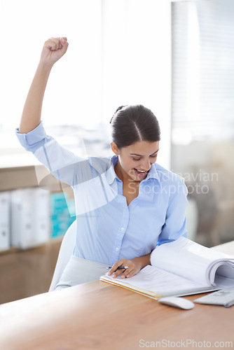 Image of Excited, business woman and fist pump with documents for winning, achievement or good news at office. Happy female person or employee with smile and paperwork in satisfaction for success or promotion