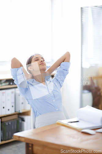 Image of Business woman, relax and break by desk with documents for accounting, finished or finance at office. Female person, accountant or employee in rest, completion or done with paperwork at workplace