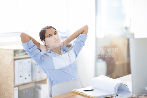 Image of Business woman, relax and desk at office with documents on break for accounting or finance. Portrait of female person, accountant or employee in rest, finish or done with paperwork at the workplace