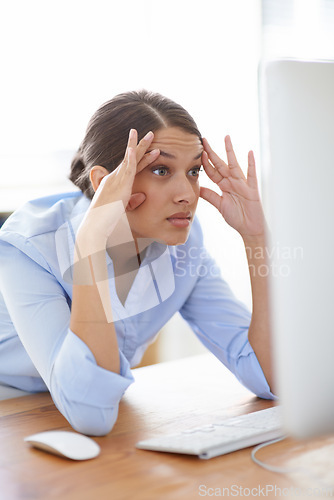 Image of Woman, computer and stress or online research project or .investment as financial advisor, overtime or deadline. Female person, confused and problem solving or overworked in London, burnout or web
