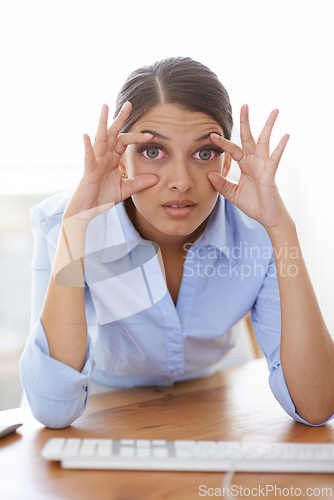 Image of Corporate woman, office and tired eyes from computer, fatigue or workplace stress. Overworked, burnout and exhausted lawyer from deadline and cases, lawsuit and ready to sleep or nap at desk